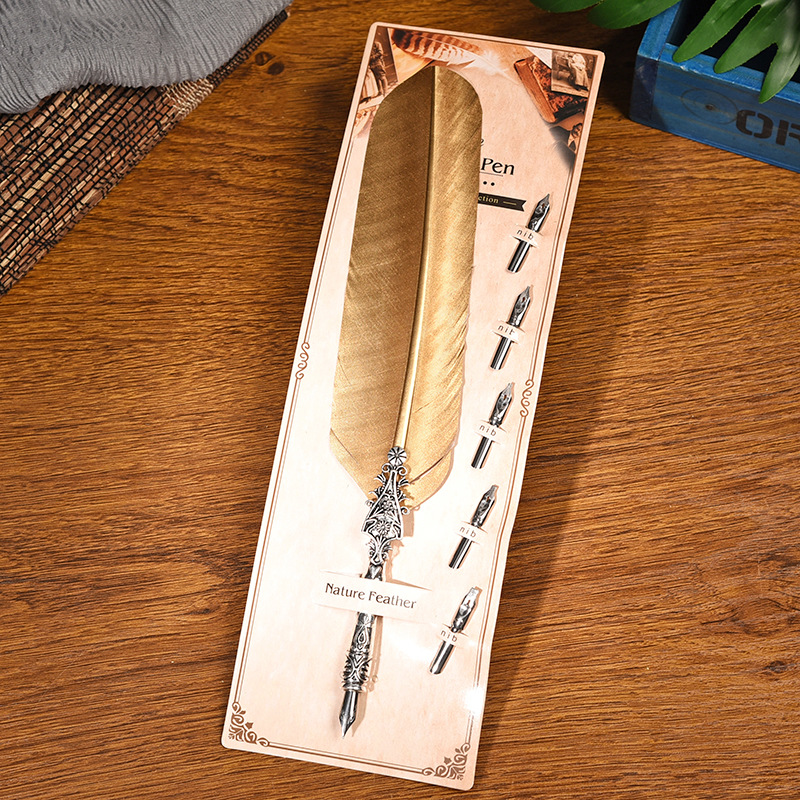 V888-ELOSUNG28499-202505131806-00 Vulcan Gold European Dip Feather Quill Pen Set - 2-Piece Retro Business Gift Box with 5 Nib Sizes - Image 1