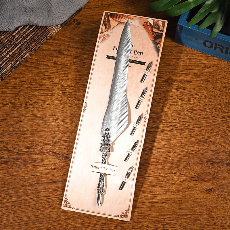 V888-ELOSUNG28501-202505131807-00 Sword Plume Silver European Dip Feather Quill Pen Set - 2-Piece Retro Business Gift Box with 5 Nib Sizes - Image 1