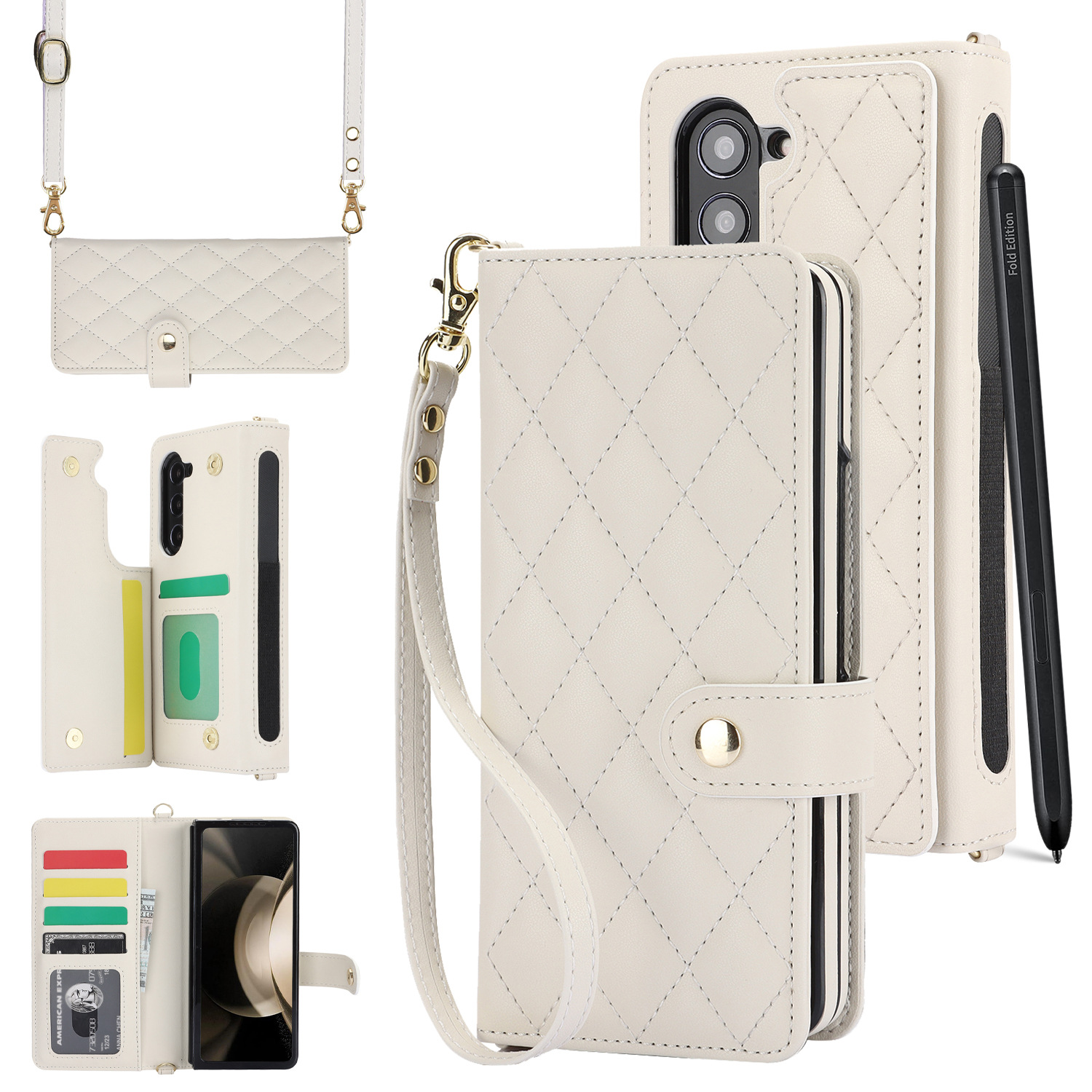 V888-ELOSUNG28512-202505131833-00 White Galaxy Z Fold4 Multi-Functional Leather Wallet Case for Samsung Z Fold Series - Crossbody with Pen Slot, Quilted Design Pen Not Included - Image 1