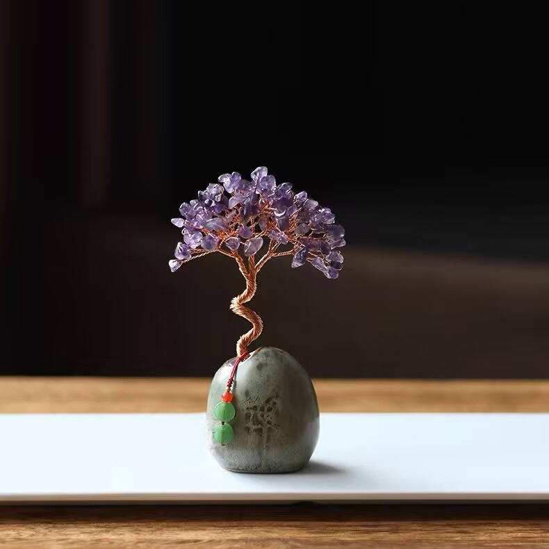 V888-ELOSUNG28516-202505131905-00 Purple Crystal Natural Crystal Wealth Tree - 12cm Feng Shui Decor, Elegant Office Desk Ornament - Image 1