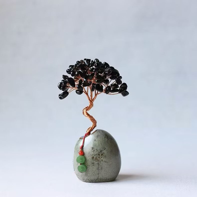 V888-ELOSUNG28517-202505131905-00 Black Obsidian Natural Crystal Wealth Tree - 12cm Feng Shui Decor, Elegant Office Desk Ornament - Image 1