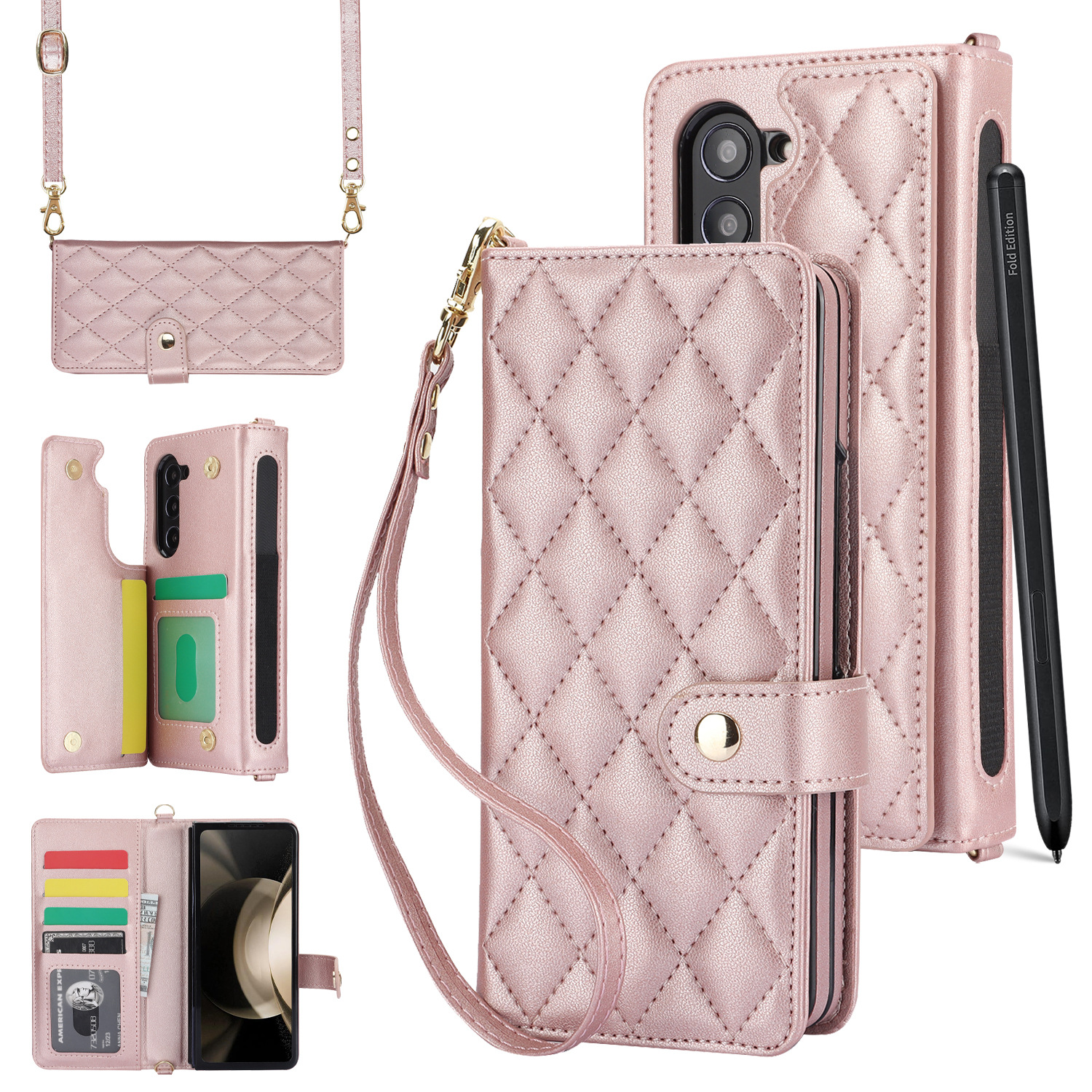 V888-ELOSUNG28547-202505132005-00 Rose Gold Galaxy Z Fold6 Multi-Functional Leather Wallet Case for Samsung Z Fold Series - Crossbody with Pen Slot, Quilted Design Pen Not Included - Image 1