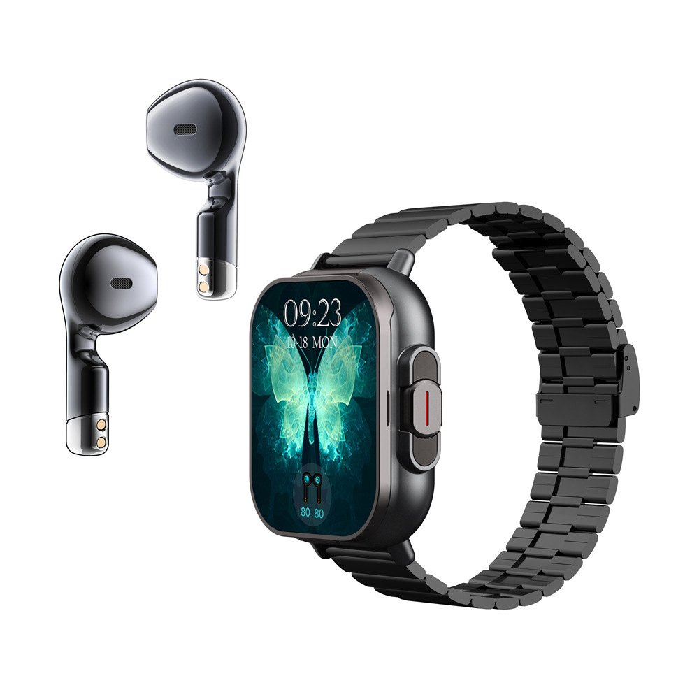 V888-ELOSUNG28584-202505151730-00 Black Steel 2-in-1 Bluetooth Smartwatch with Integrated Earbuds for Sports - Image 1