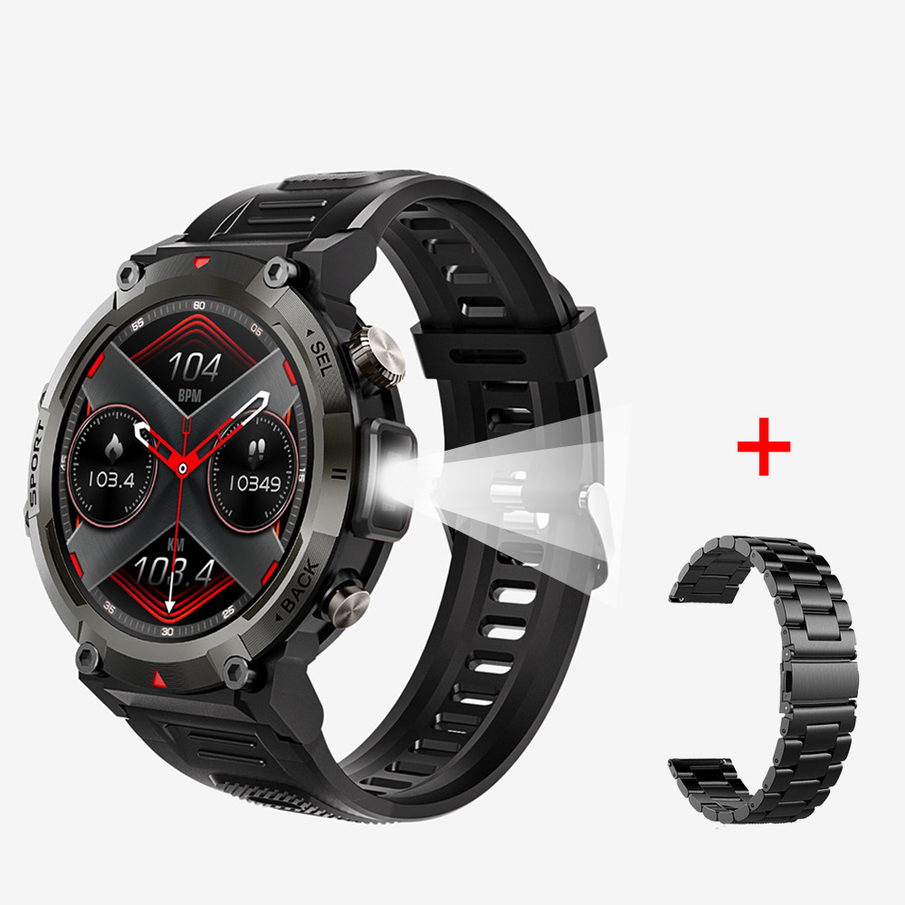 V888-ELOSUNG28599-202505151741-00 Black Steel Belts Outdoor Smartwatch with 1.45-Inch HD Round Screen and Flashlight - Image 1