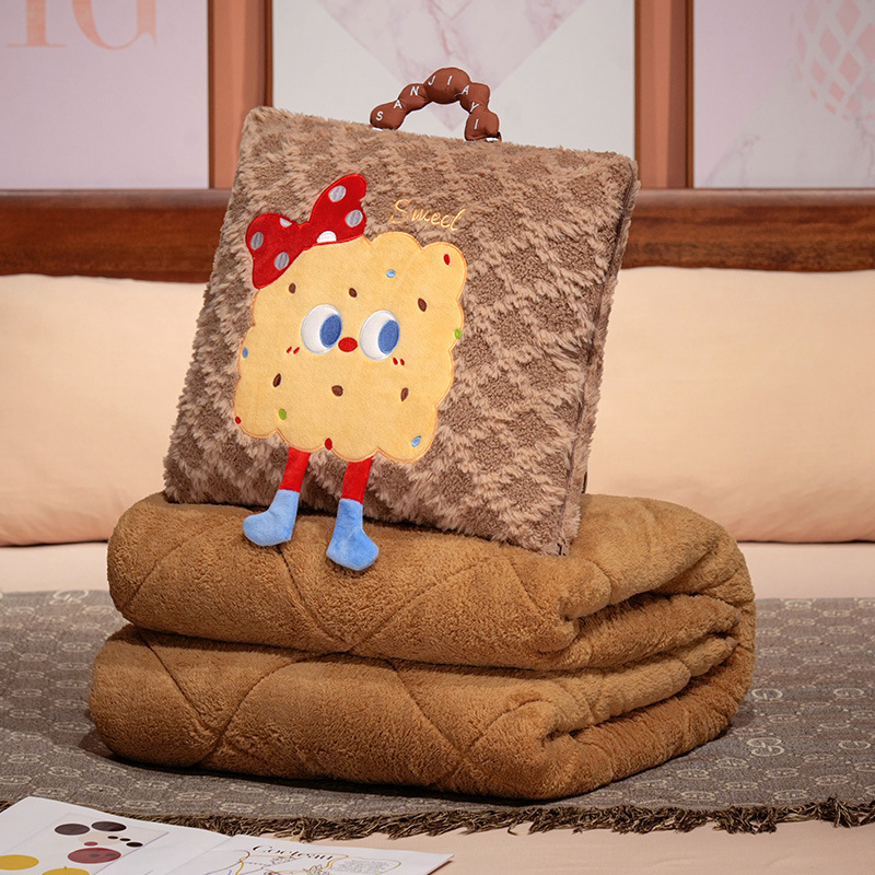 V888-ELOSUNG28648-202505191207-00 Coffee Thick Fleece Cartoon Cookie Pillow Blanket 2-in-1 for Winter Car and Office Use - Image 1