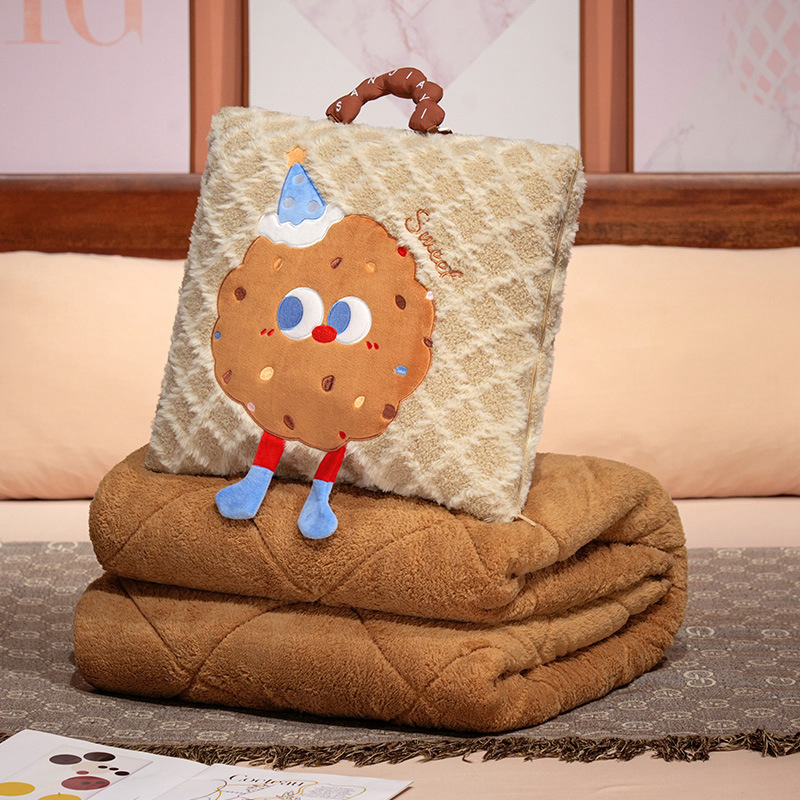 V888-ELOSUNG28649-202505191207-00 Khaki Thick Fleece Cartoon Cookie Pillow Blanket 2-in-1 for Winter Car and Office Use - Image 1
