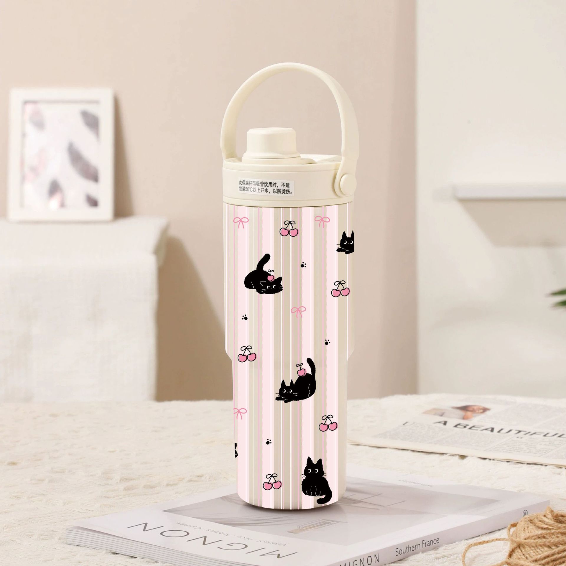 V888-ELOSUNG28810-202505231240-00 White-Line Black Cat 30oz Ceramic-Lined Insulated Tumbler with Handle, 735ml Stainless Steel Travel Mug - Image 1