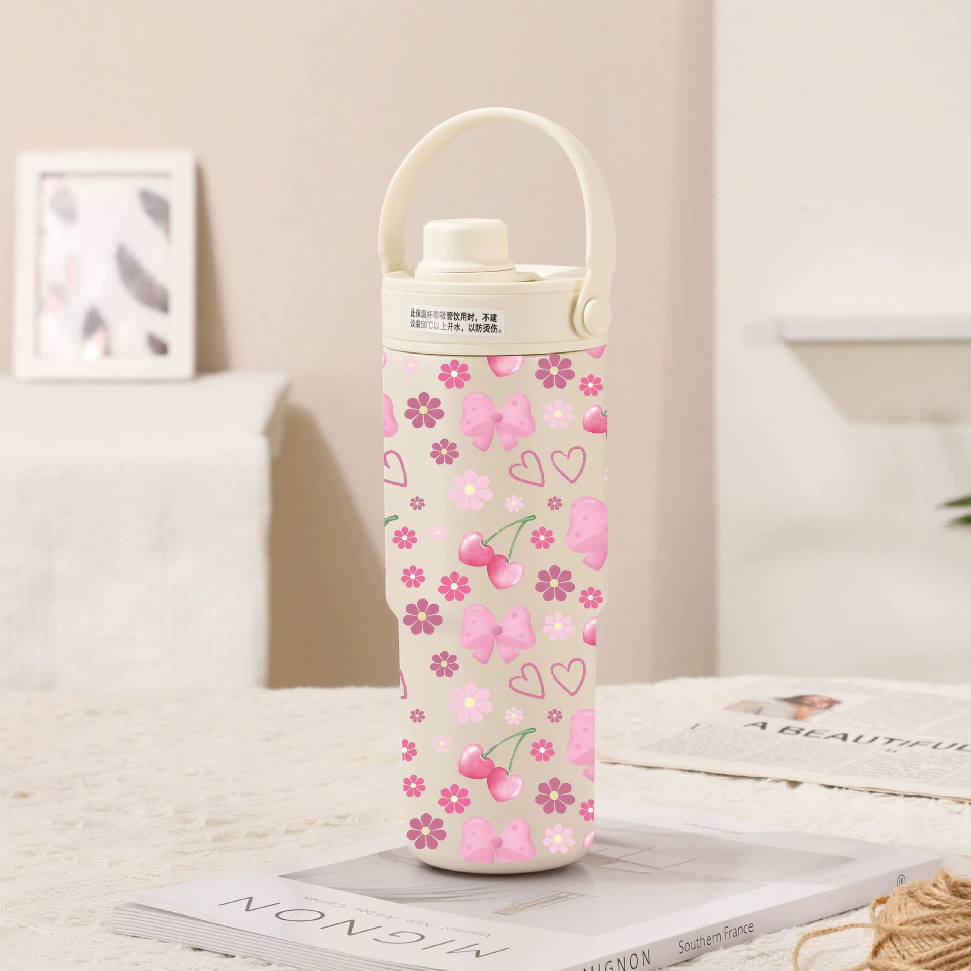 V888-ELOSUNG28811-202505231241-00 White-Line Cherry Bow 30oz Ceramic-Lined Insulated Tumbler with Handle, 735ml Stainless Steel Travel Mug - Image 1