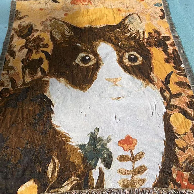 V888-ELOSUNG28840-202505231327-00 Cat Artistic Jacquard Throw Blanket - American Style Illustrated Sofa Cover & Tapestry - 130 x 160cm - Image 1