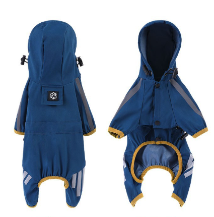 V888-ELOSUNG28854-202505231348-00 XXL Blue And Gray Trim Waterproof Four-Legged Dog Raincoat with Leash Hole for Small Breeds - Image 1
