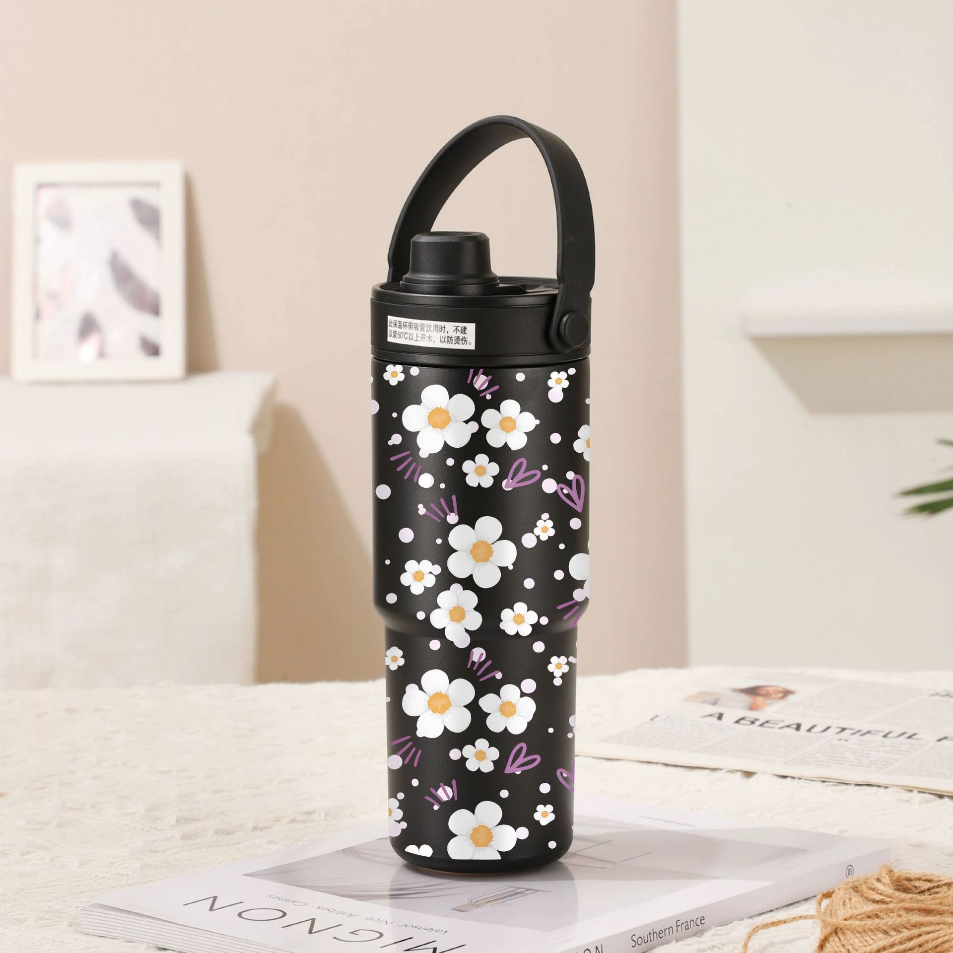 V888-ELOSUNG28876-202505231147-00 Twilight Black-White Flowers 30oz Ceramic-Lined Insulated Tumbler with Handle, 735ml Stainless Steel Travel Mug - Image 1