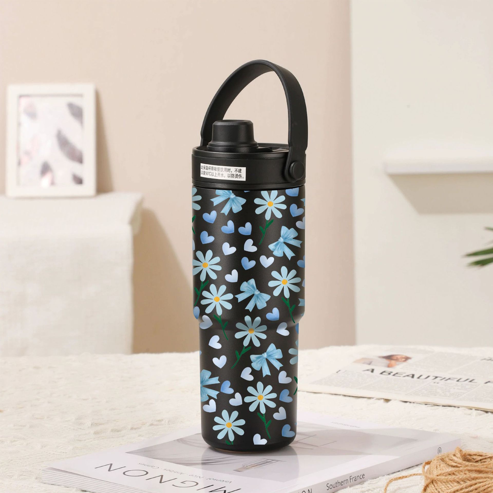 V888-ELOSUNG28877-202505231148-00 Twilight Black-Bow Tie Blue Flower 30oz Ceramic-Lined Insulated Tumbler with Handle, 735ml Stainless Steel Travel Mug - Image 1
