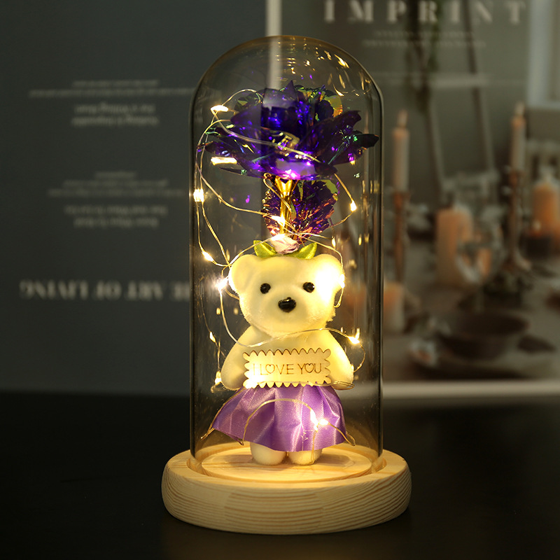V888-ELOSUNG29017-202505191421-00 Enchanted Rose & Teddy Bear in Glass Dome with LED Lights - I Love You" Gift(purple)" - Image 1