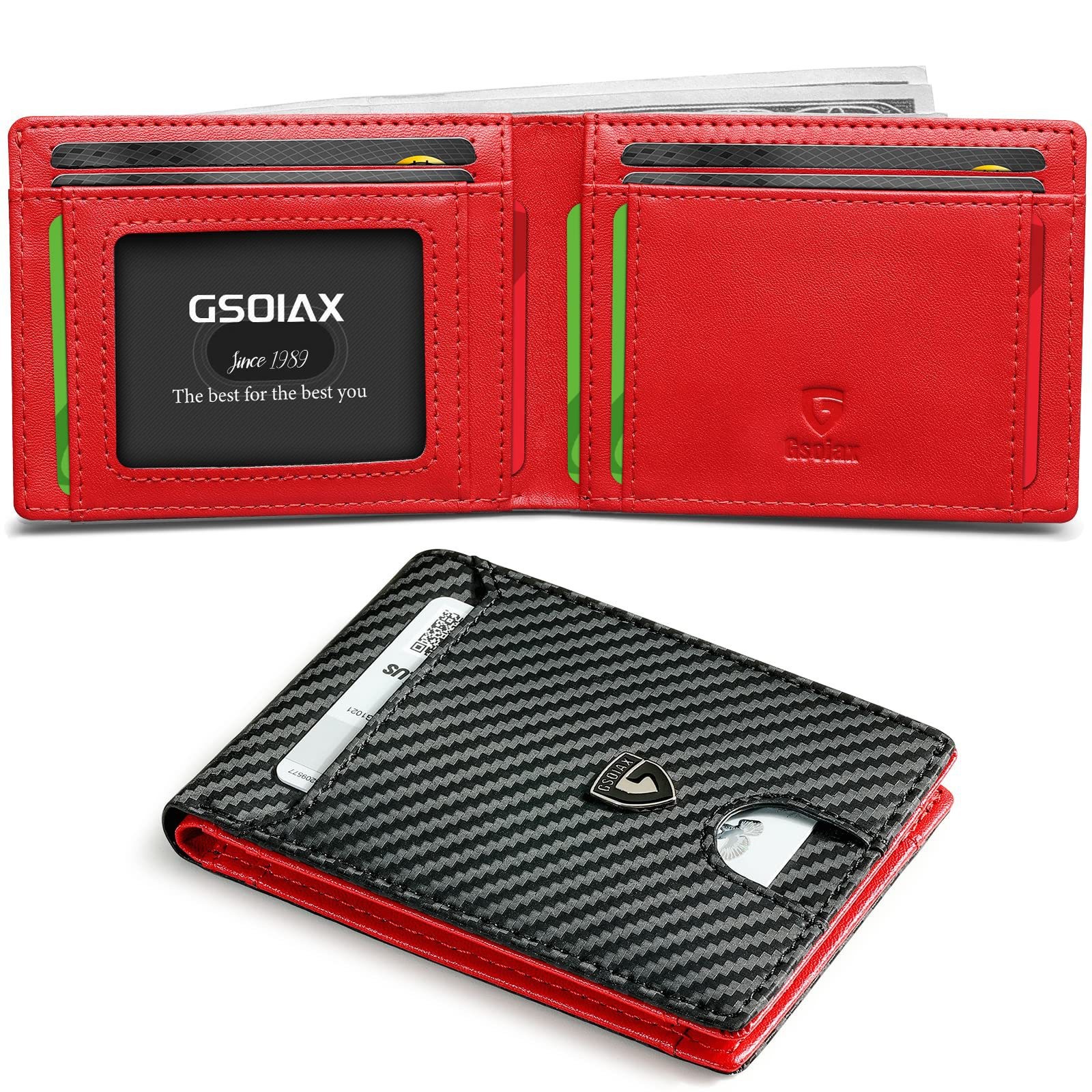 V888-ELOSUNG29019-202505191243-00 Men's Slim Leather Bifold Wallet - RFID Blocking, 11 Card Slots, ID Window(Twill black and red) - Image 1