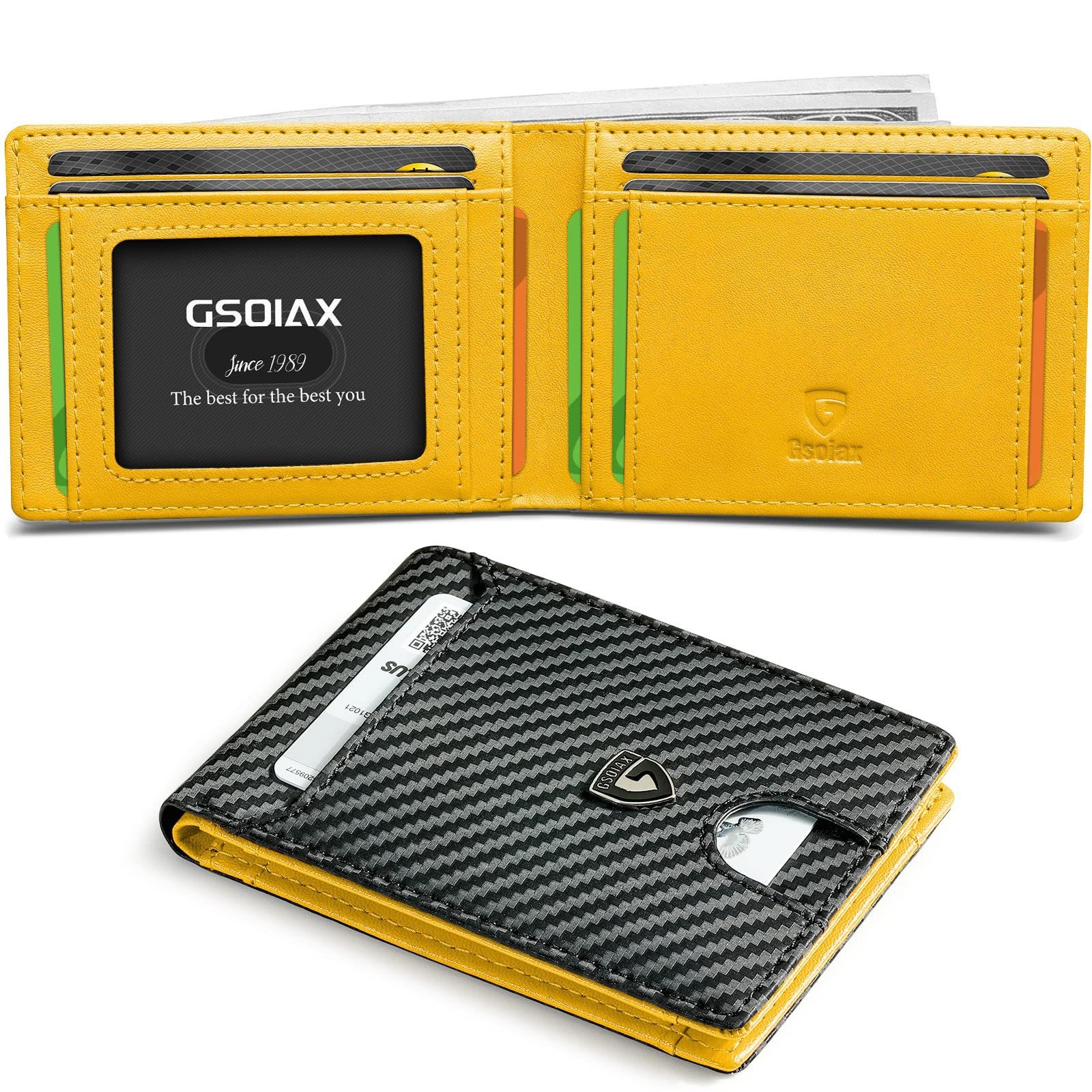 V888-ELOSUNG29021-202505191425-00 Men's Slim Leather Bifold Wallet - RFID Blocking, 11 Card Slots, ID Window(Carbon Yellow) - Image 1