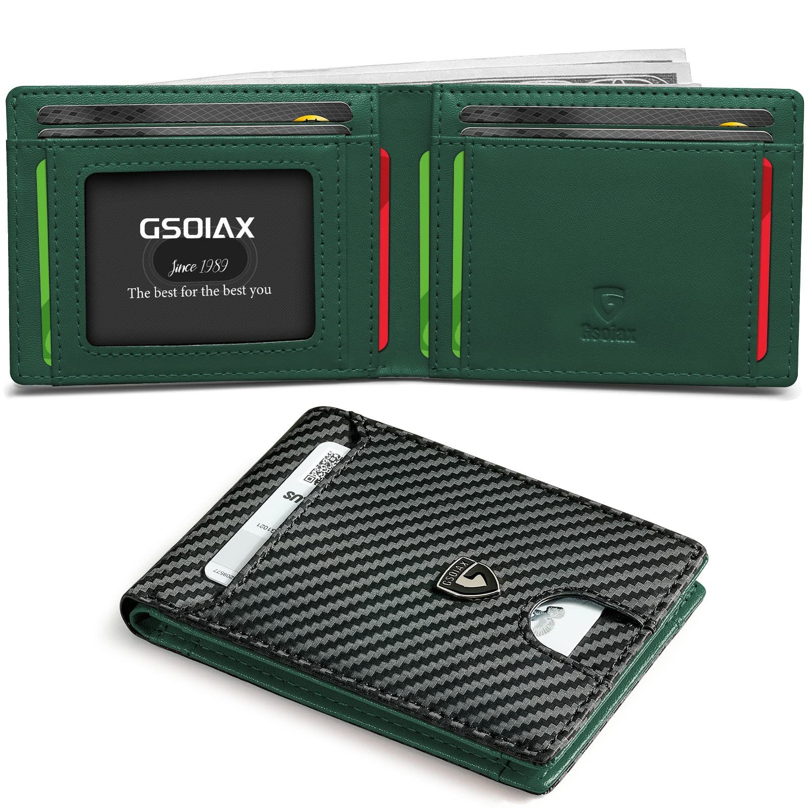 V888-ELOSUNG29022-202505191425-00 Men's Slim Leather Bifold Wallet - RFID Blocking, 11 Card Slots, ID Window(Carbon Green) - Image 1