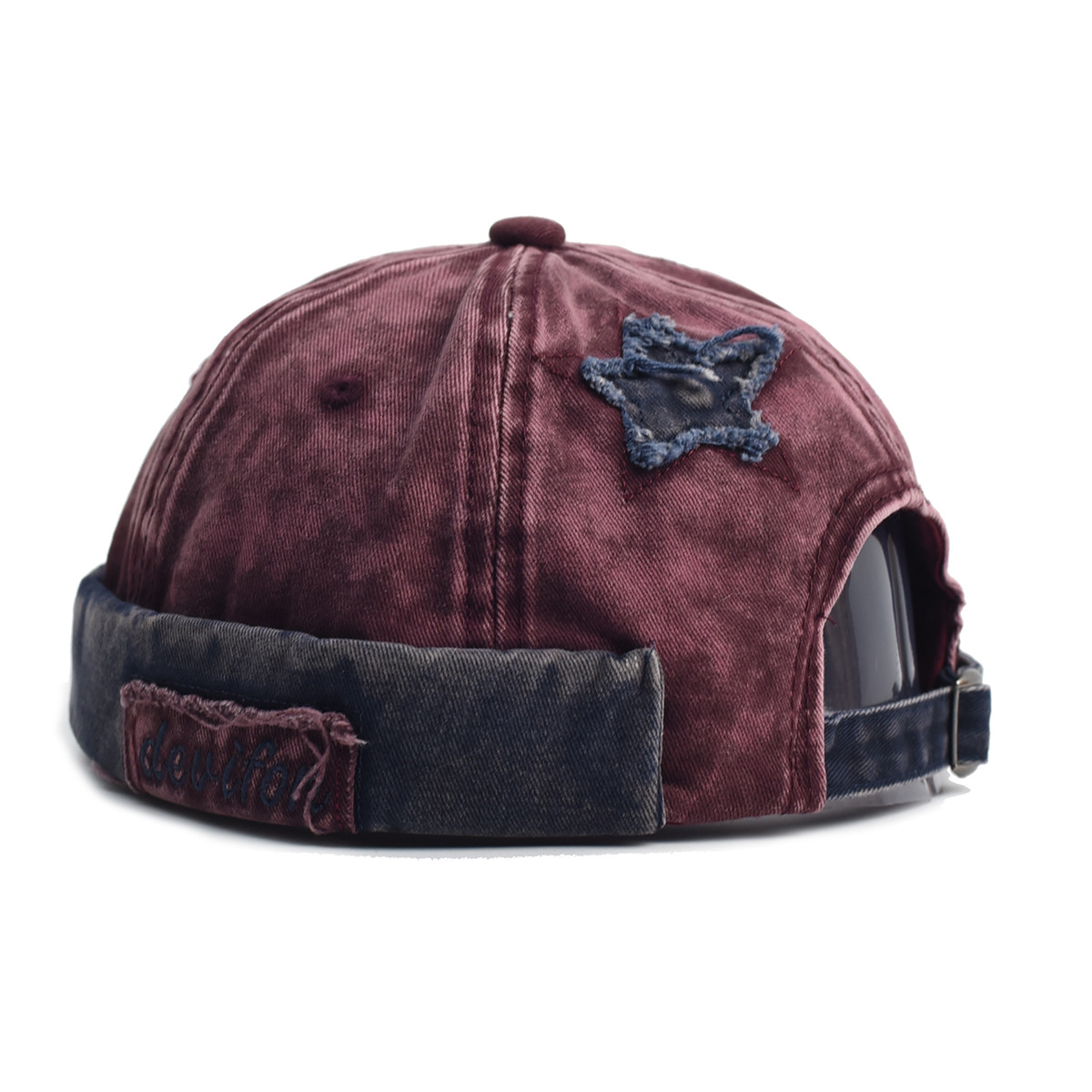 V888-ELOSUNG29068-202505191341-00 Vintage Washed Cotton Docker Cap - Unisex Brimless Beanie Hat with Star Patch(Wine red) - Image 1