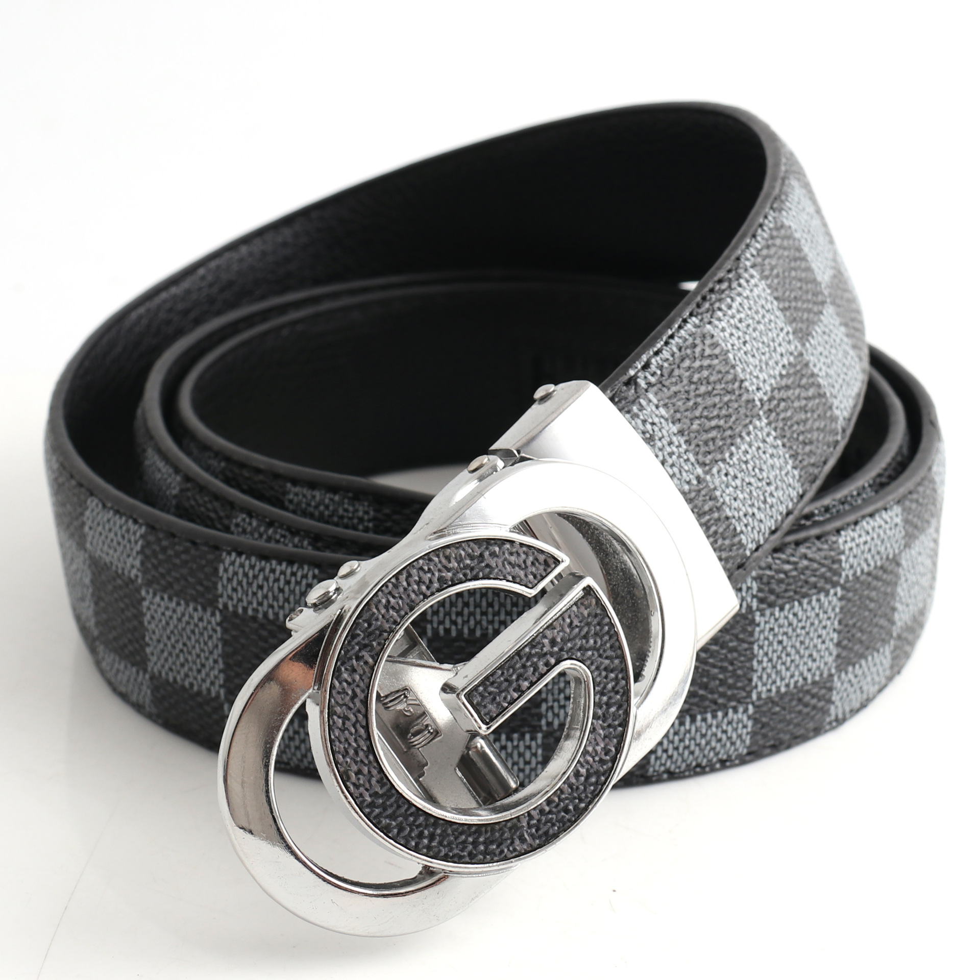 V888-ELOSUNG29082-202505231332-00 Luxury Designer Style PU Leather Belt,Automatic Buckle(G-patterned black-gray belt + silver buckle) - Image 1