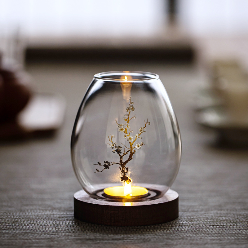 V888-ELOSUNG31011-202505191321-00 Windproof Glass Candle Cover with Wood Base - For Tealights, Zen Home Accent (Plum blossom candlestick) - Image 1
