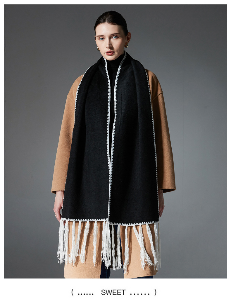 V888-ELOSUNG31028-202505231336-00 Black Contrast Edge & Tassel Scarf - Chic Autumn/Winter Neckwear (190x30cm) - Image 1