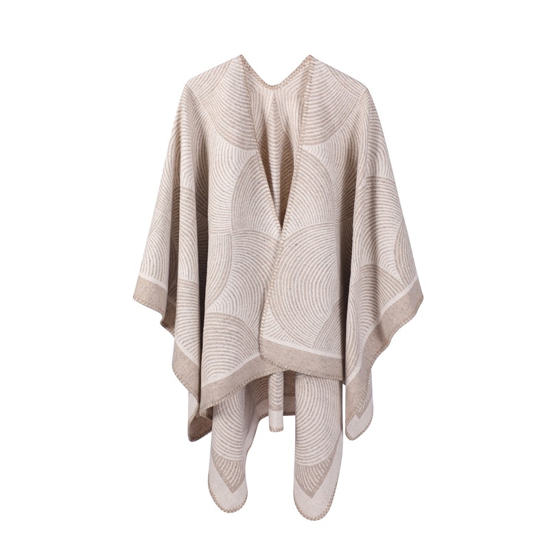 V888-ELOSUNG31048-202505231110-00 Khaki Geometric Print Cape - Cozy Knit Poncho for Women (165x130cm) - Image 1