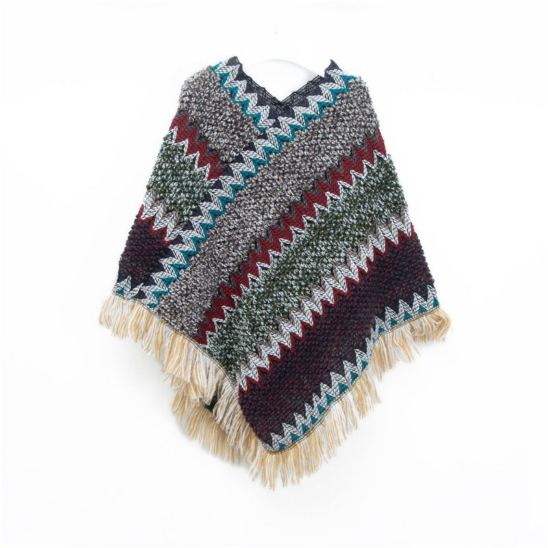 V888-ELOSUNG31056-202505231221-00 Brown Lightweight Chevron Knit Poncho for Women - Elegant Fringed Shawl Wrap - Image 1