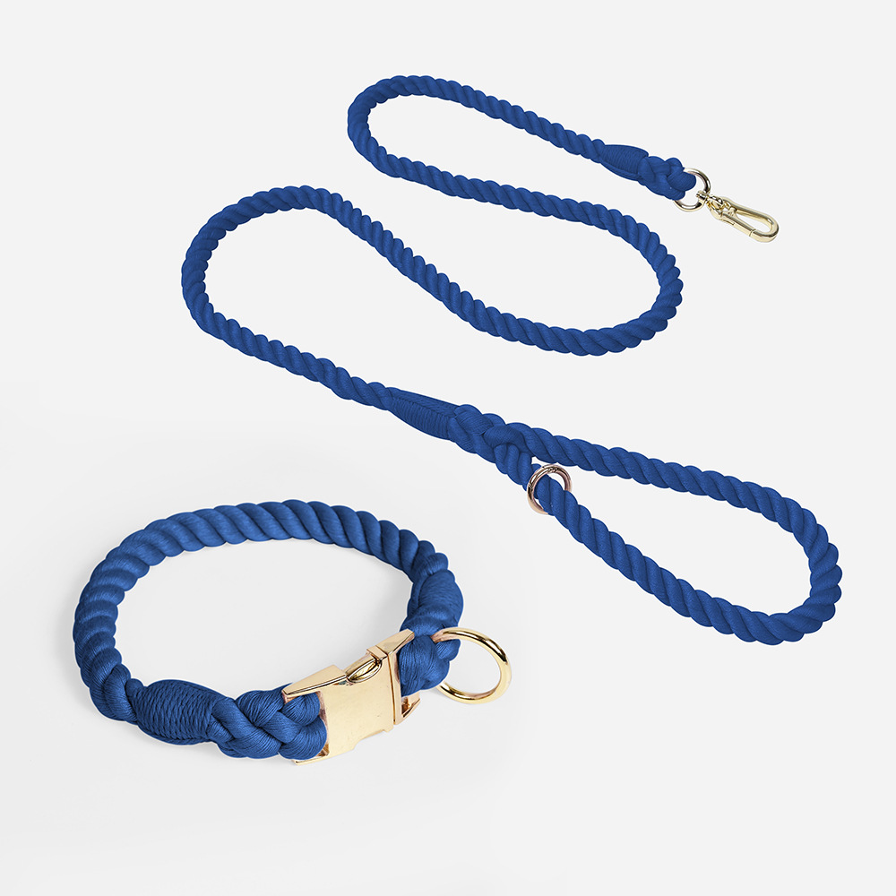 V888-ELOSUNG31080-202505231146-00 Handmade Gradient Rope Dog Collar & Leash Set - Colorful Braided Cotton (Navy blue - Size S) - Image 1