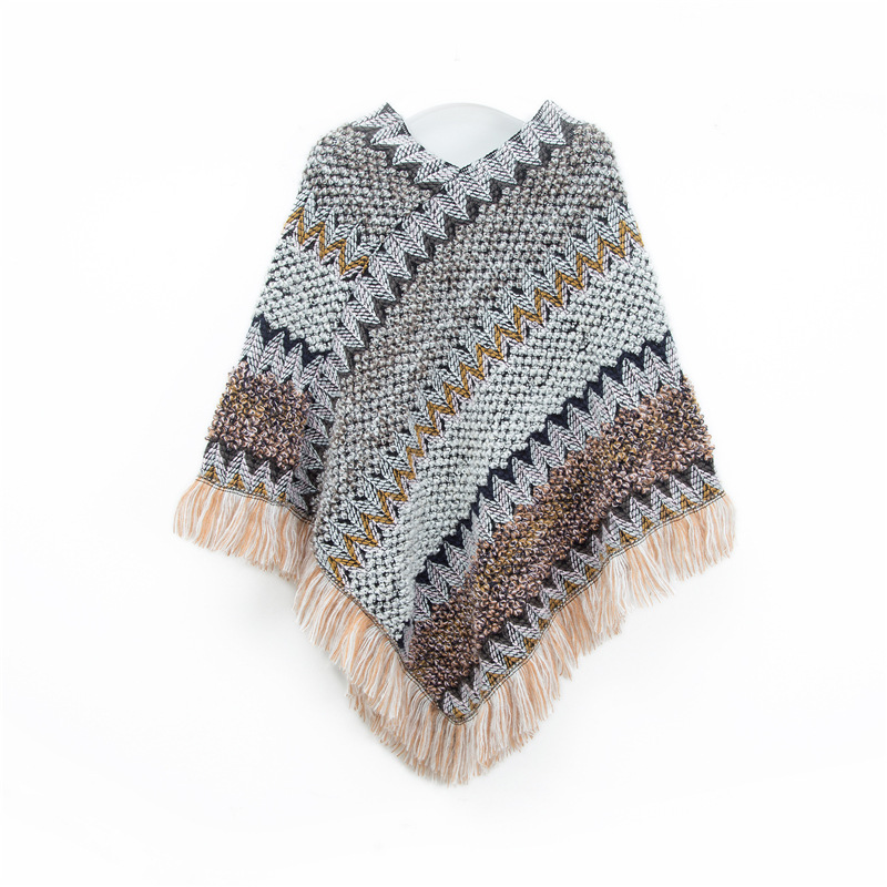 V888-ELOSUNG31111-202505231330-00 Gray Lightweight Chevron Knit Poncho for Women - Elegant Fringed Shawl Wrap - Image 1