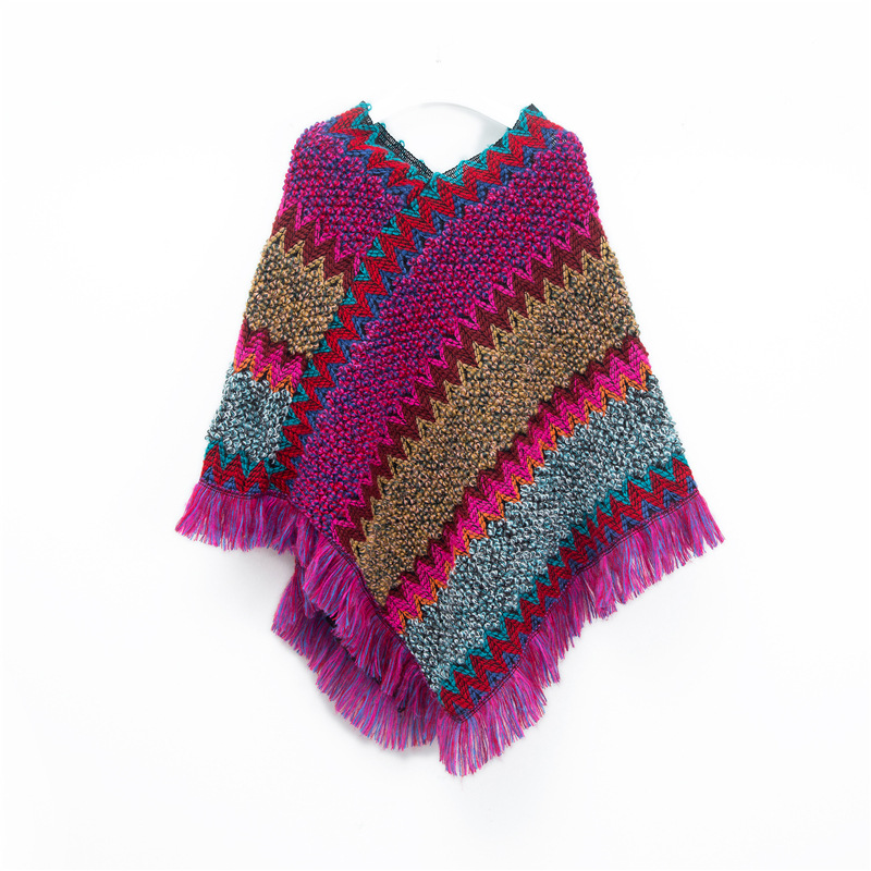 V888-ELOSUNG31112-202505231331-00 Rose red Lightweight Chevron Knit Poncho for Women - Elegant Fringed Shawl Wrap - Image 1