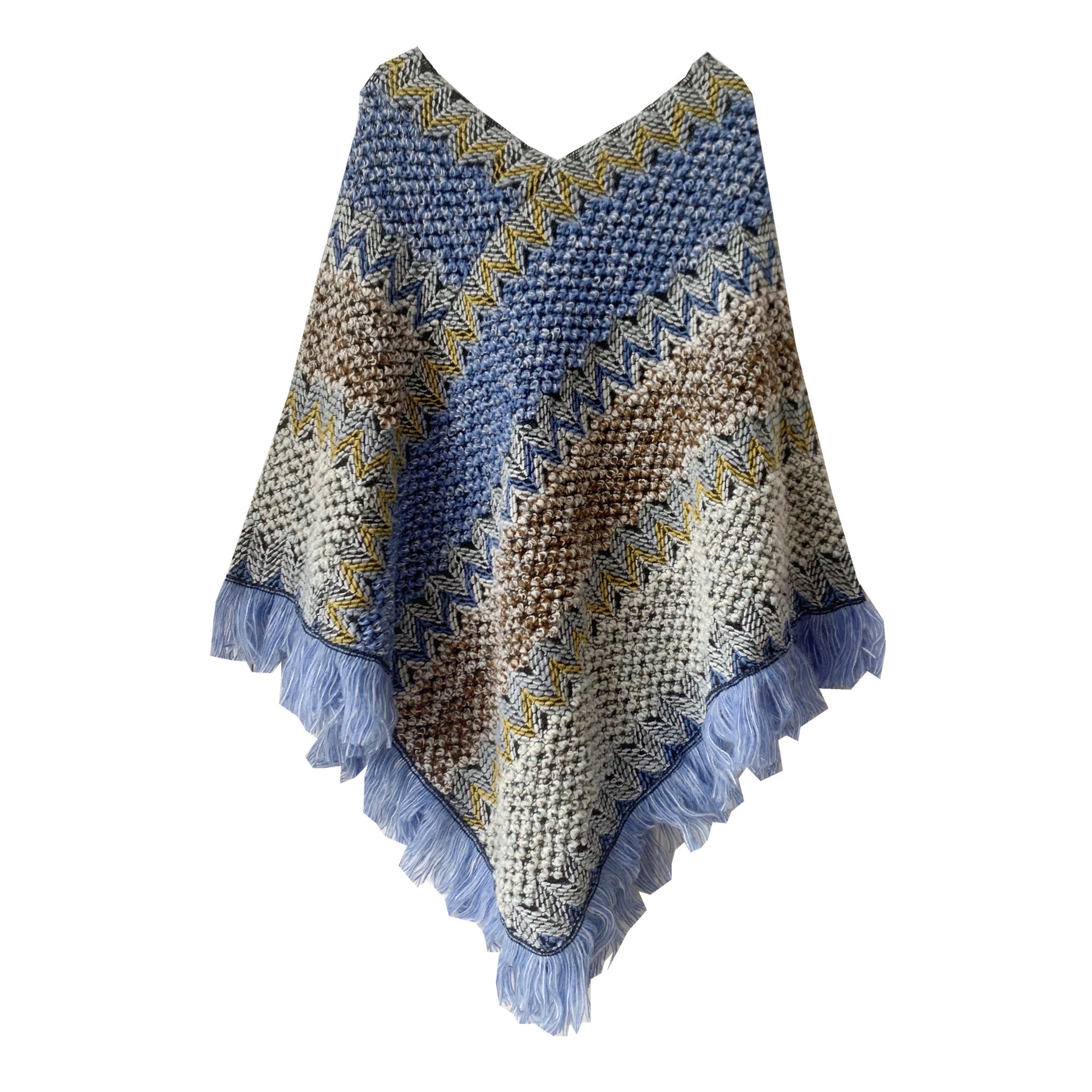 V888-ELOSUNG31115-202505231332-00 Blue brown Lightweight Chevron Knit Poncho for Women - Elegant Fringed Shawl Wrap - Image 1
