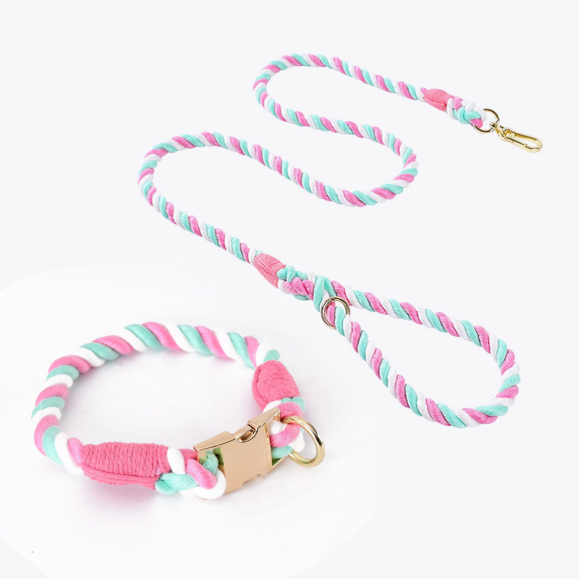 V888-ELOSUNG31173-202505281121-00 Handmade Rope Dog Collar and Leash Set - Colorful Woven Cotton (Pink - Size L) - Image 1