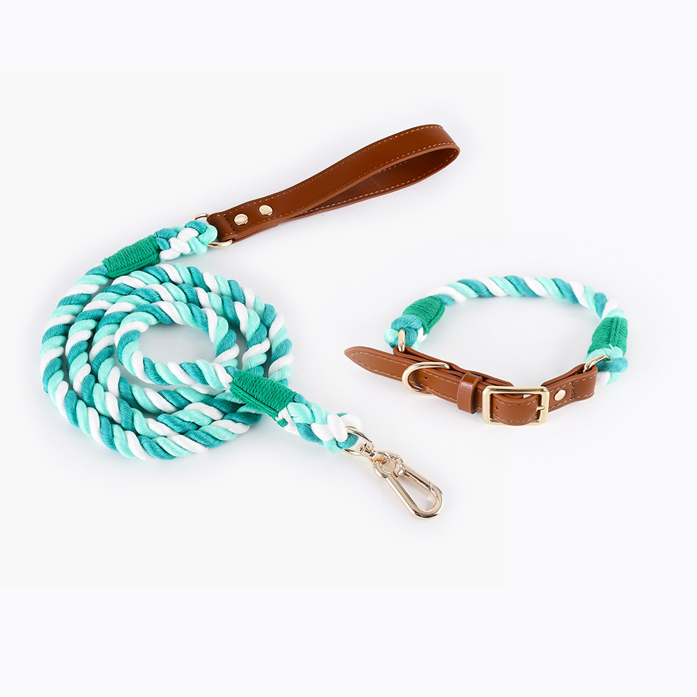 V888-ELOSUNG31178-202505281122-00 Premium Leather Pet Collar and Leash - Soft, Strong Braided Rope (Double green - Size L) - Image 1