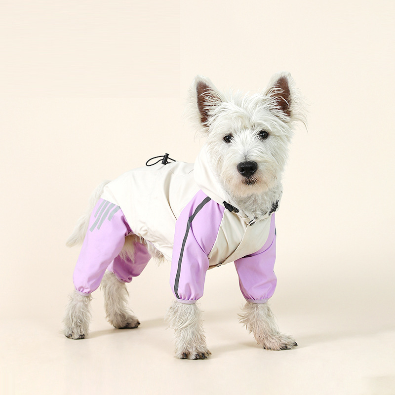 V888-ELOSUNG31191-202505281127-00 Colorblock (White Purple) Dog Raincoat - Waterproof with Hood and Reflective Strips (Size S) - Image 1