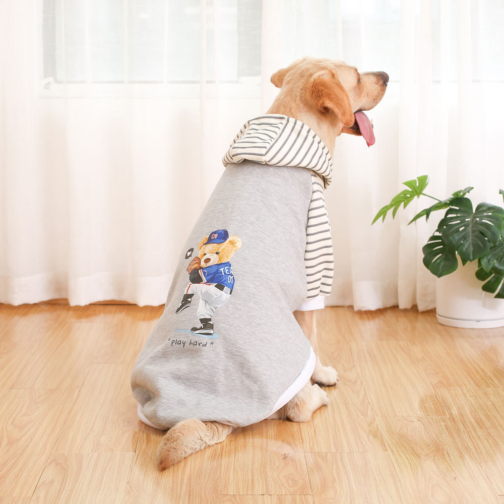 V888-ELOSUNG31198-202505281025-00 Autumn/Winter Dog Clothes - Grey Hoodie with Striped Hood & Baseball Bear (Size - 3XL) - Image 1