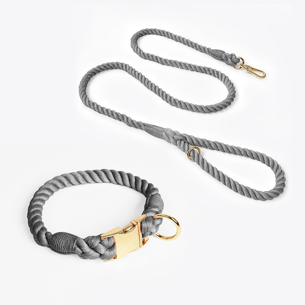 V888-ELOSUNG31227-202505281043-00 Handmade Rope Dog Collar and Leash Set - Colorful Woven Cotton Cotton (Dark Gray - Size L) - Image 1