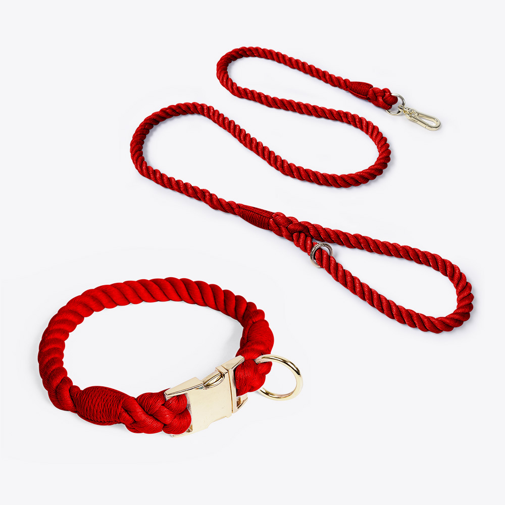 V888-ELOSUNG31241-202505281046-00 Handmade Rope Dog Collar and Leash Set - Colorful Woven Cotton Cotton (Wine red - Size L) - Image 1