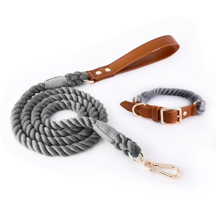 V888-ELOSUNG31277-202505301207-00 Premium Leather Pet Collar and Leash - Soft, Strong Braided Rope (Dark gray - Size M) - Image 1
