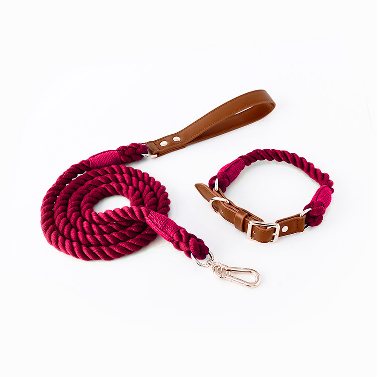 V888-ELOSUNG31299-202505301212-00 Premium Leather Pet Collar and Leash - Soft, Strong Braided Rope (Wine red - Size S) - Image 1