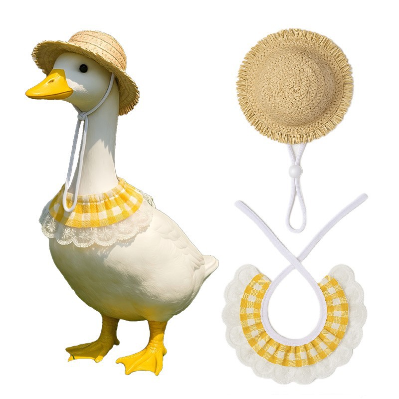 V888-ELOSUNG32002-202505261610-00 Khaki and Yellow 2 Sets Adorable Porch Goose & Small Pet Costume Set - 2 Summer Straw Hat & 2 Gingham Bib - Image 1