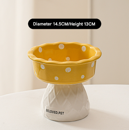 V888-ELOSUNG32048-202505261527-00 Yellow Adorable Mushroom Ceramic Elevated Cat Bowl - Anti-Vomiting & Spine Protecting Pet Feeder with Polka Dots - Image 1