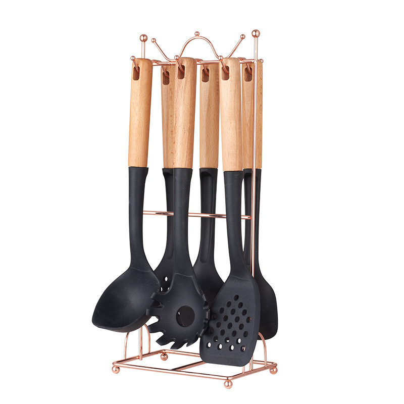V888-ELOSUNG32078-202505281115-00 Black Elegant 7-Piece Silicone Kitchen Utensil Set with Wooden Handles & Rose Gold Stand - Non-Stick Cookware Safe - Image 1