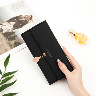V888-ELOSUNG32123-202505281040-00 Black Elegant Ladies Long PU Leather Wallet - Slim Clutch with Leaf Charm, Multi-Card Holder & Organizer - Image 1