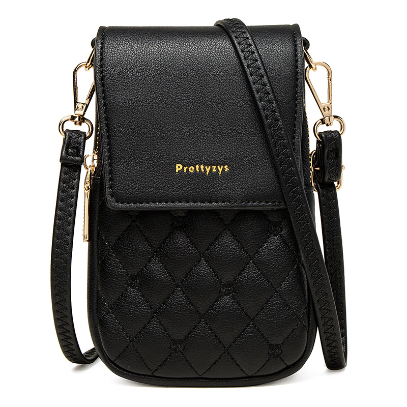 V888-ELOSUNG32132-202505281041-00 Black Chic Quilted Crossbody Phone Bag - PU Leather Mini Purse with Floral Stitching & Adjustable Strap - Image 1