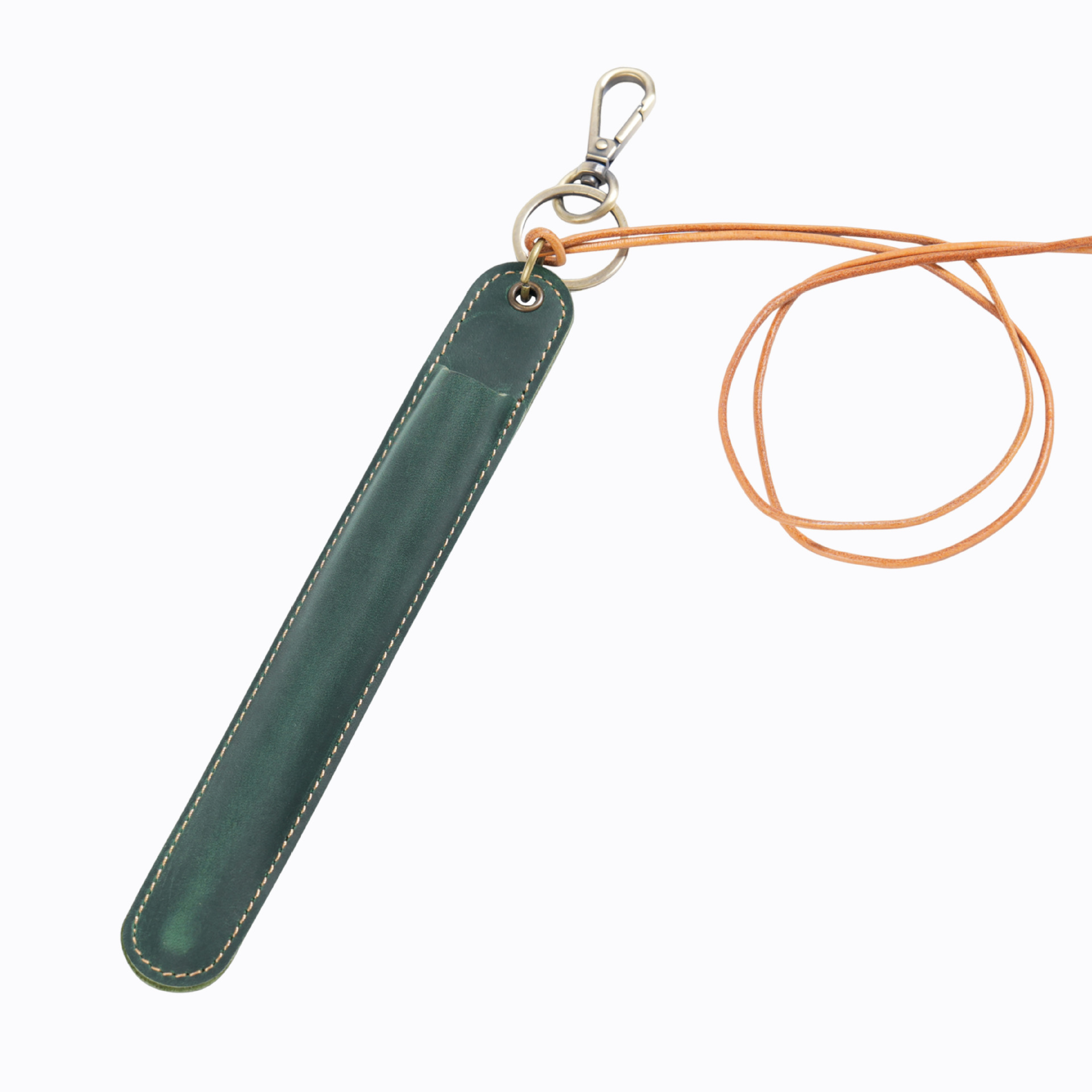 V888-ELOSUNG32145-202505301145-00 Green Vintage Top-Grain Leather Pen Sleeve Holder with Neck Strap - Protective Single Pen Case - Image 1