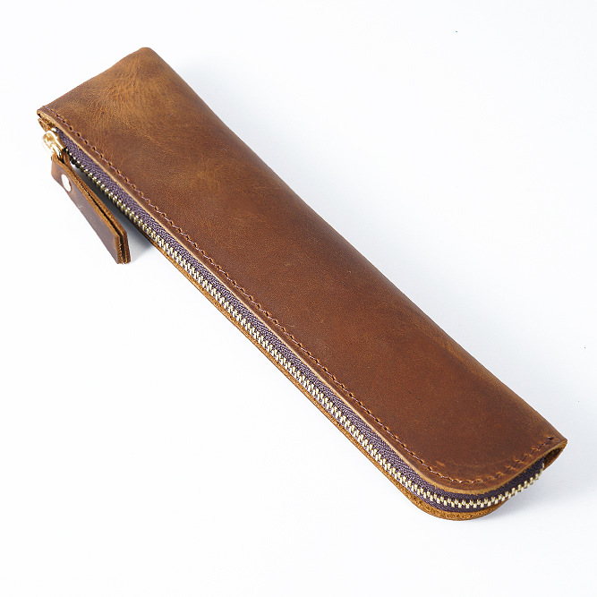 V888-ELOSUNG32148-202505301146-00 Brown Vintage Crazy Horse Leather Zippered Pen Case - Retro Pencil Pouch & Small Accessories Bag - Image 1