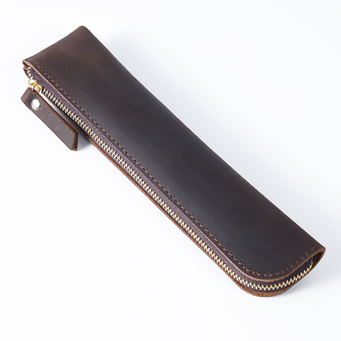 V888-ELOSUNG32149-202505301146-00 Coffee Vintage Crazy Horse Leather Zippered Pen Case - Retro Pencil Pouch & Small Accessories Bag - Image 1