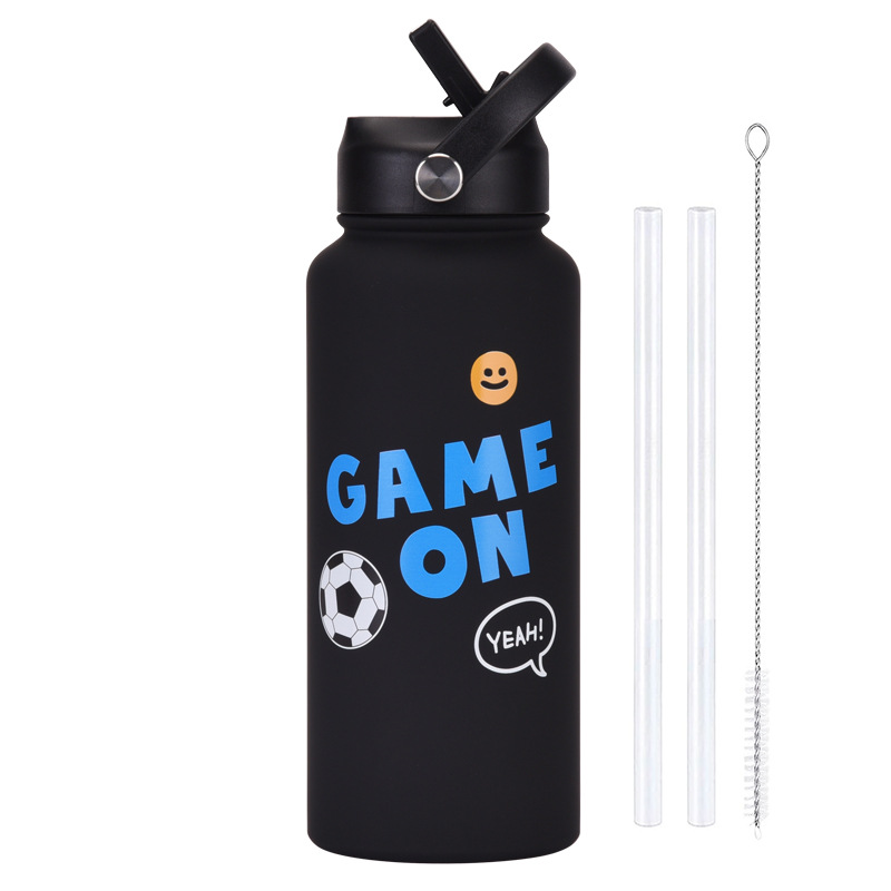 V888-ELOSUNG32193-202506051742-00 Style 9B Black Vibrant Fun Print 1L Stainless Steel Insulated Water Bottle - 32oz Large Capacity with Straw Lid & Carry Handle - BPA-Free - Image 1