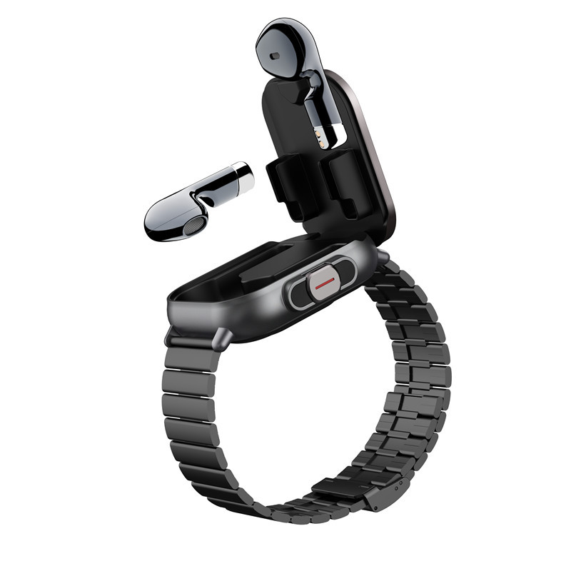 V888-ELOSUNG32237-202506061522-00 Black Steel Belt 2-in-1 Smartwatch with Built-in Earbuds - 2.01 HD Touchscreen - Image 1