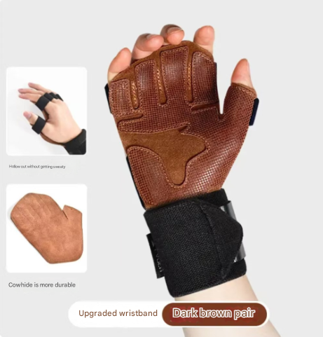 V888-ELOSUNG32303-202506091613-00 Size L Dark Brown Premium Cowhide Leather Weightlifting Gloves with Wrist Support - Non-Slip Grip, Breathable Fitness Workout Gloves for Gym, WODs, Dumbbells - Image 1