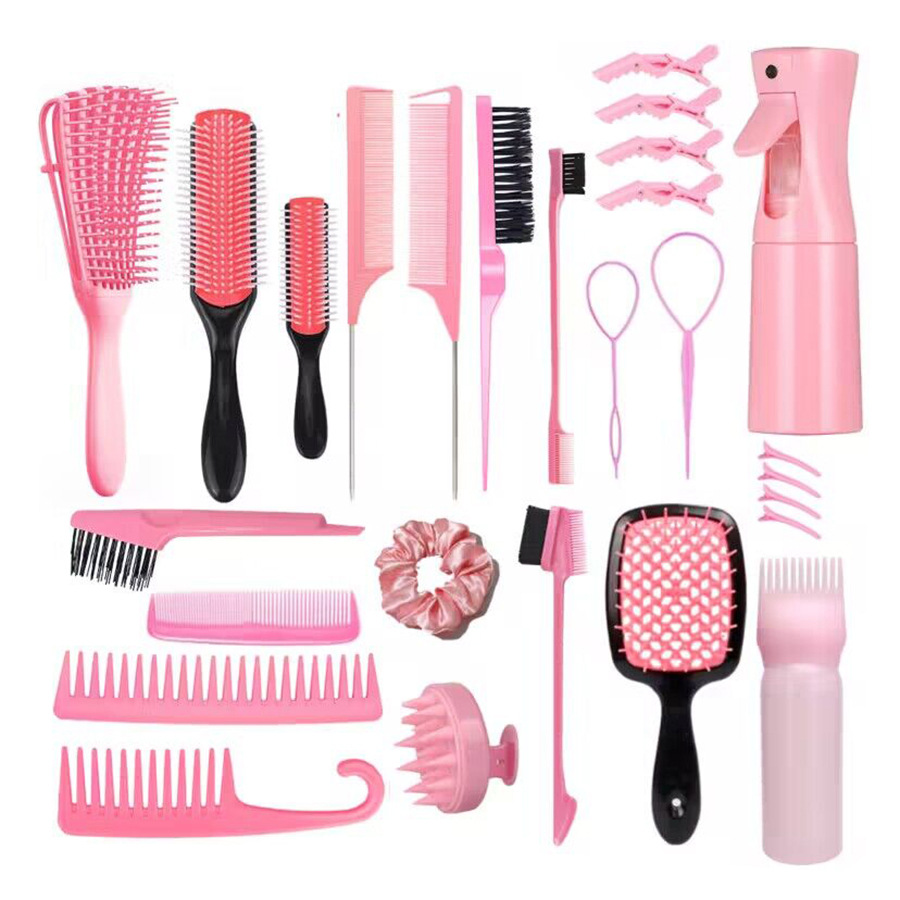 V888-ELOSUNG32312-202506101143-00 Pink Ultimate 27-Piece Hair Styling & Care Kit - Detangling Brushes, Combs, Scalp Massager & Salon Accessories - Image 1
